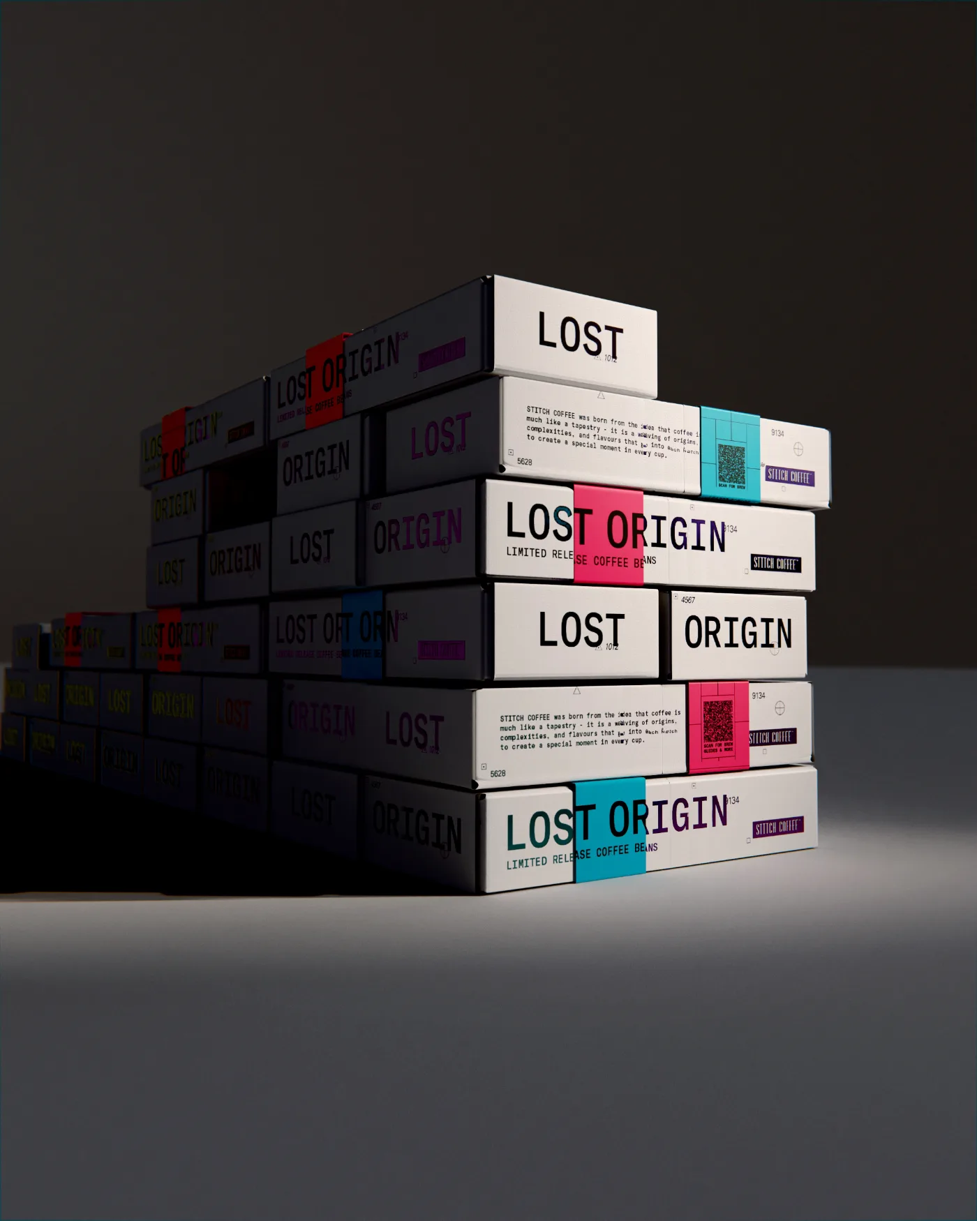 Stack of Lost Origin boxes with coloured label bands