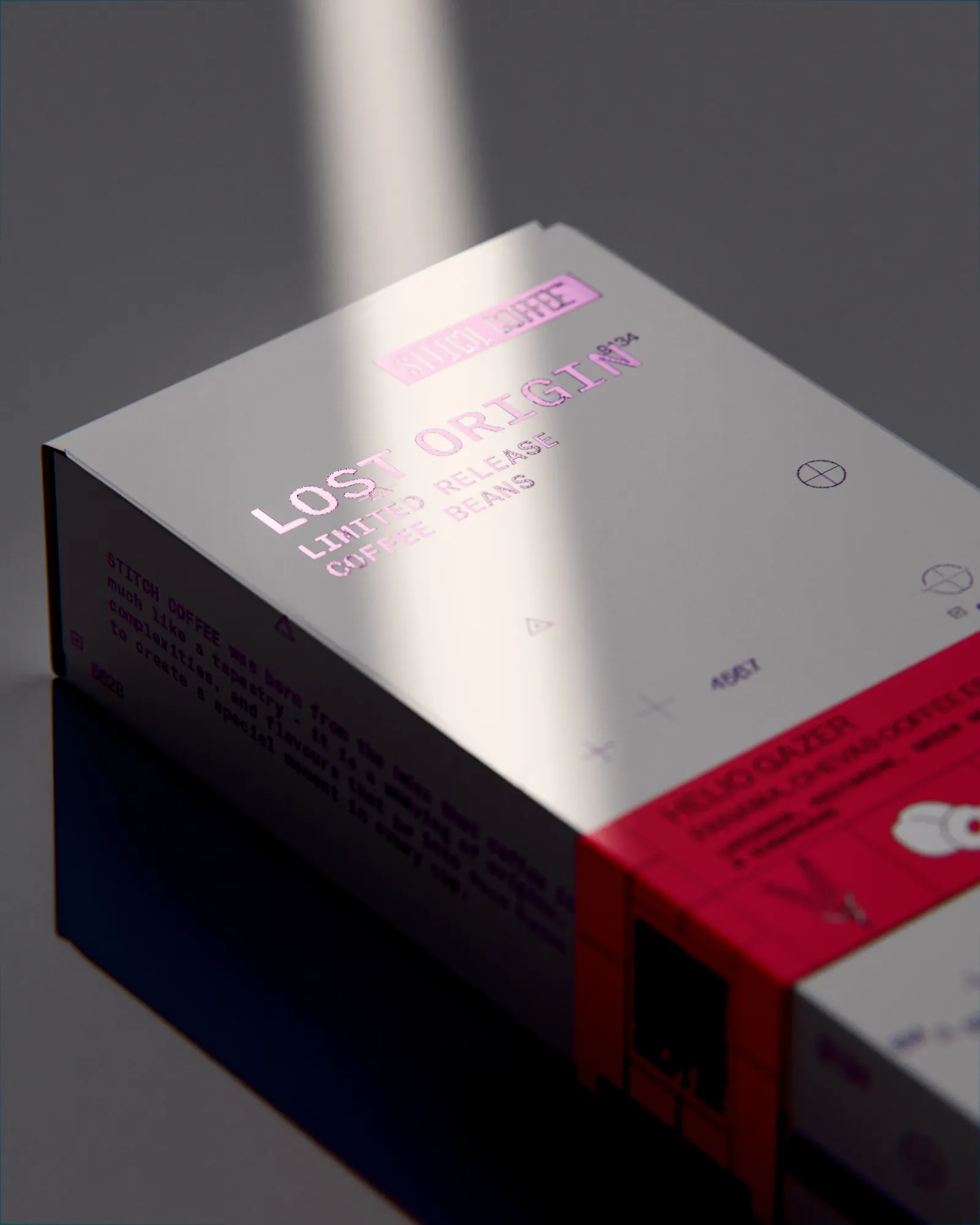Lost Origin box in raking light, close